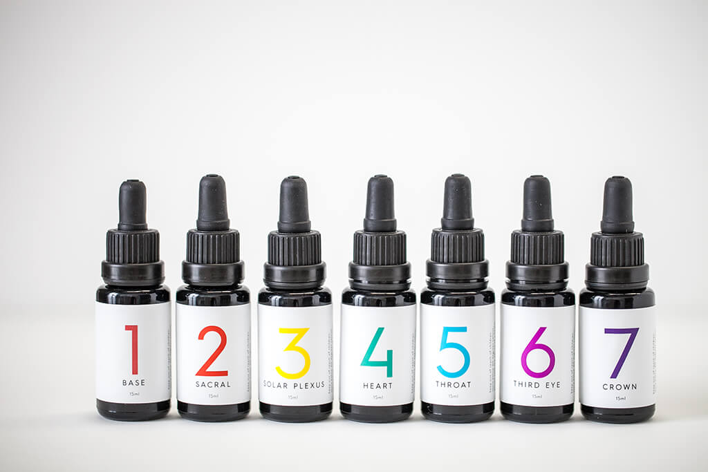Set of 7 Chakra organic essential oil blends in 15ml black miron glass bottles with droppers