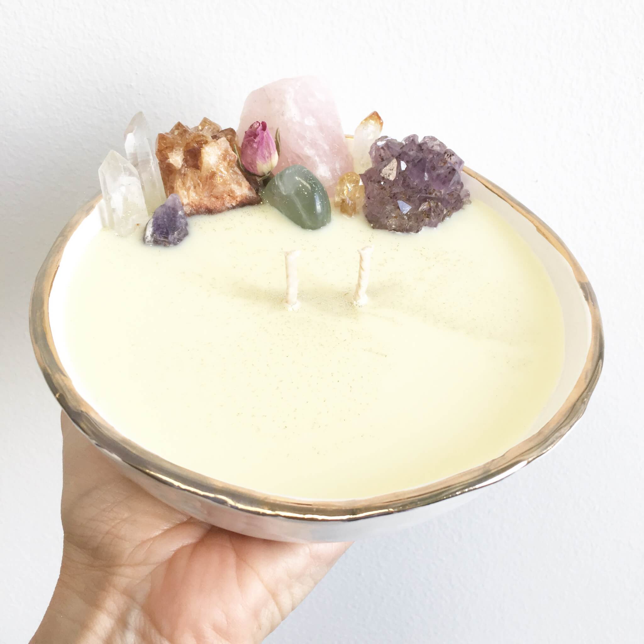 Aphrodite crystal soy candle bowl scented with Love, an organic essential oil blend
