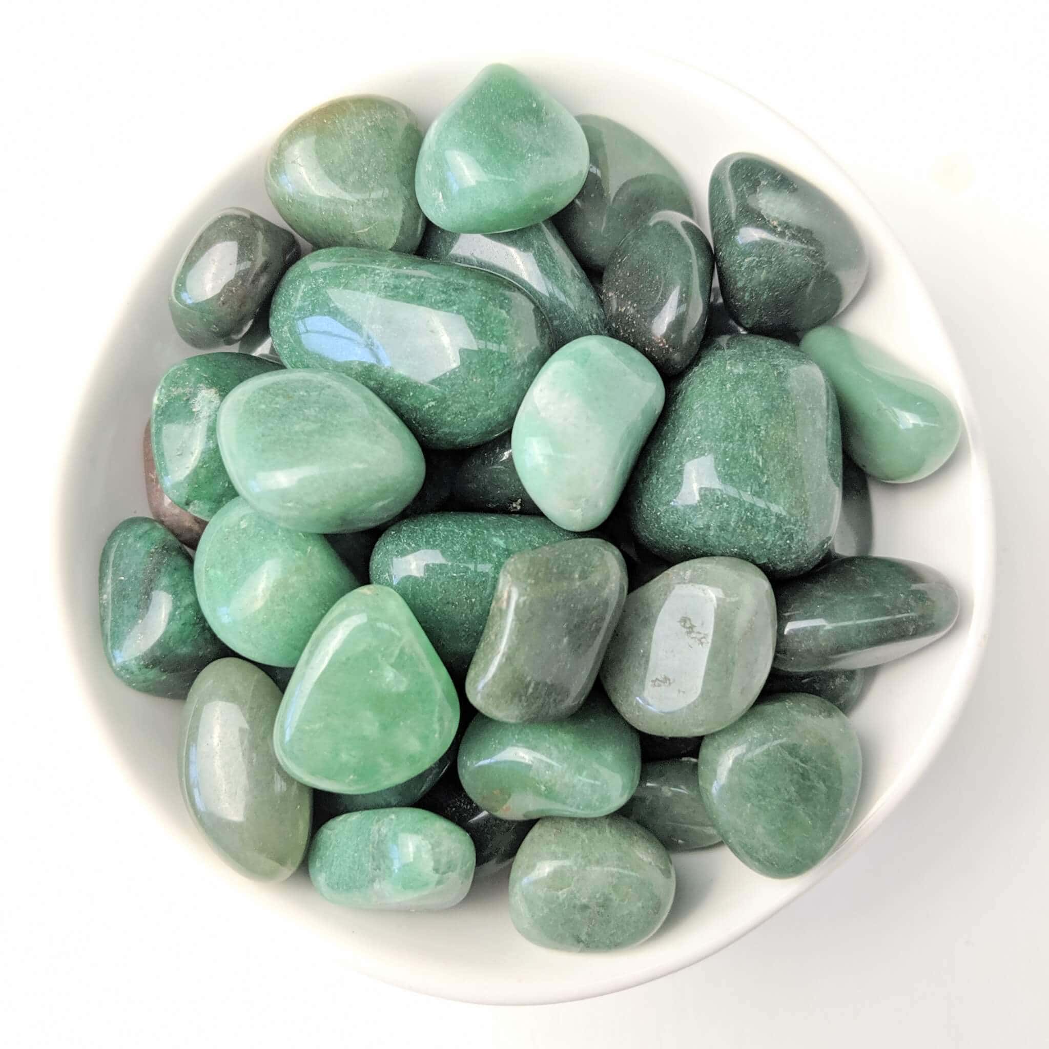 Aventurine Green Crystal Tumble Stones in a White Bowl Top View