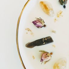 #23 Soy Wax Candle Bowl With Crystals - Choose From 24+ Scents, Includes Smokey Quartz, Citrine, Pink Rose Buds + Gold Leaf