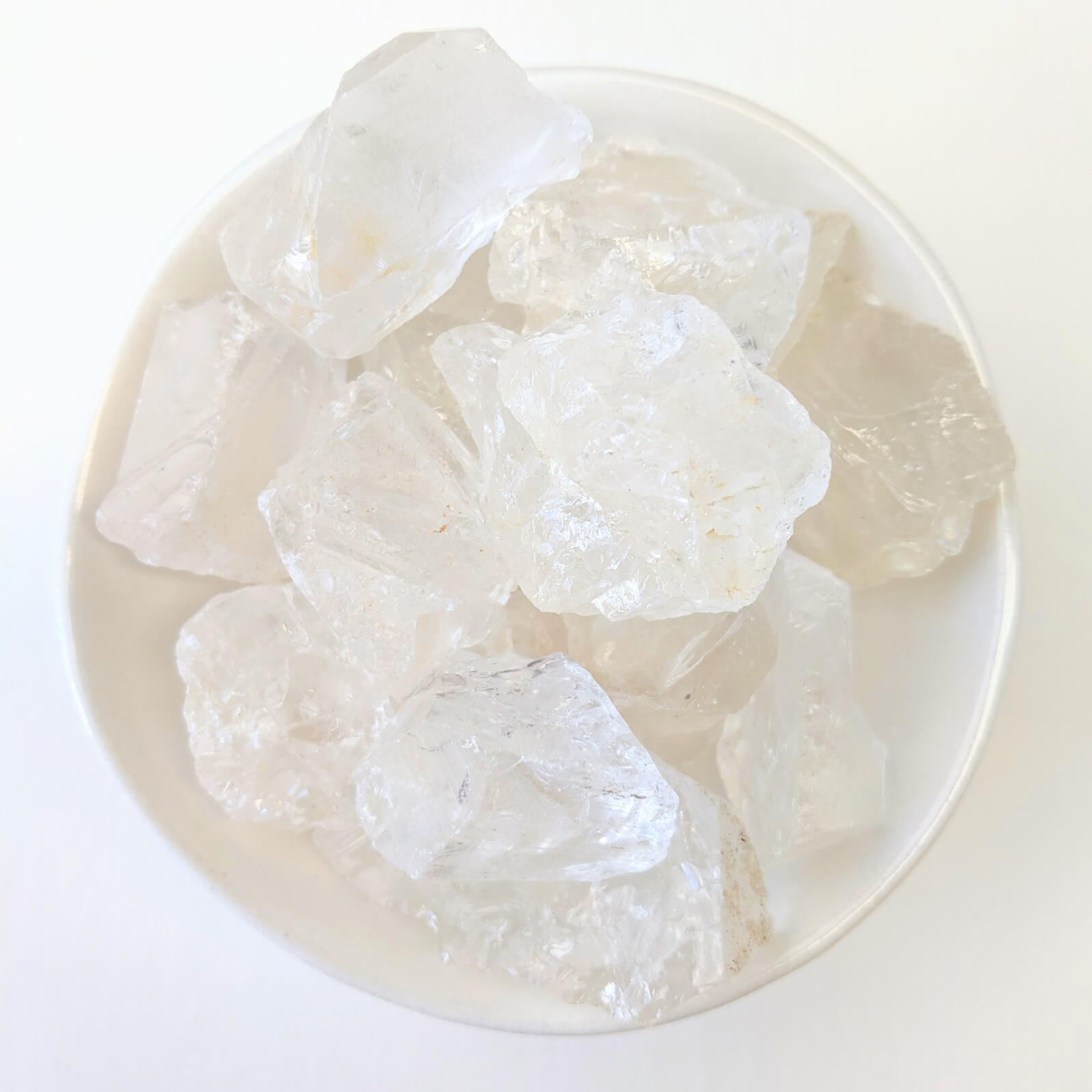 Clear Quartz Crystals Raw In White Bowl - Top View
